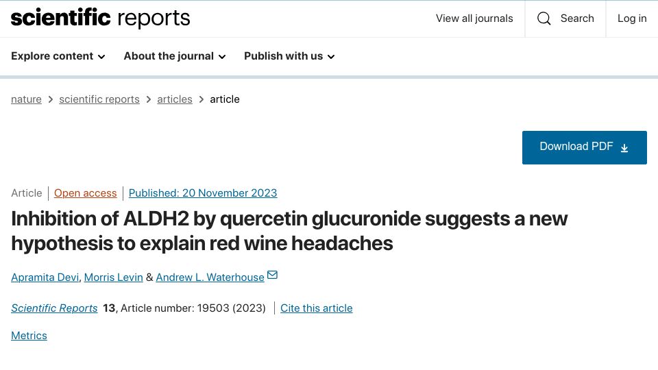 Screenshot of nature.com: Inhibition of ALDH2 by quercetin glucuronide to explain red wine headaches