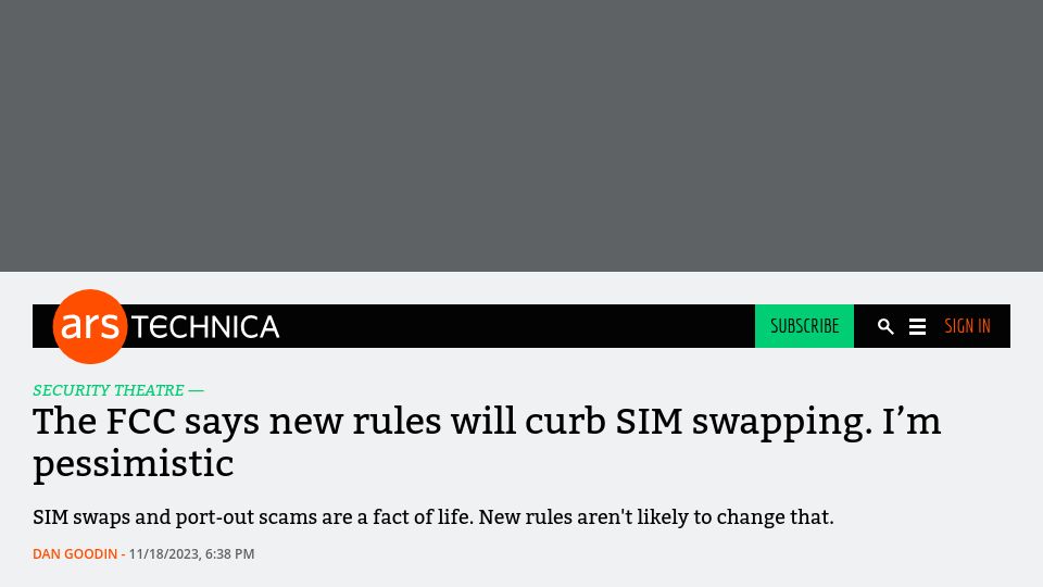 Screenshot of arstechnica.com: U.S. FCC says new rules will curb SIM swapping