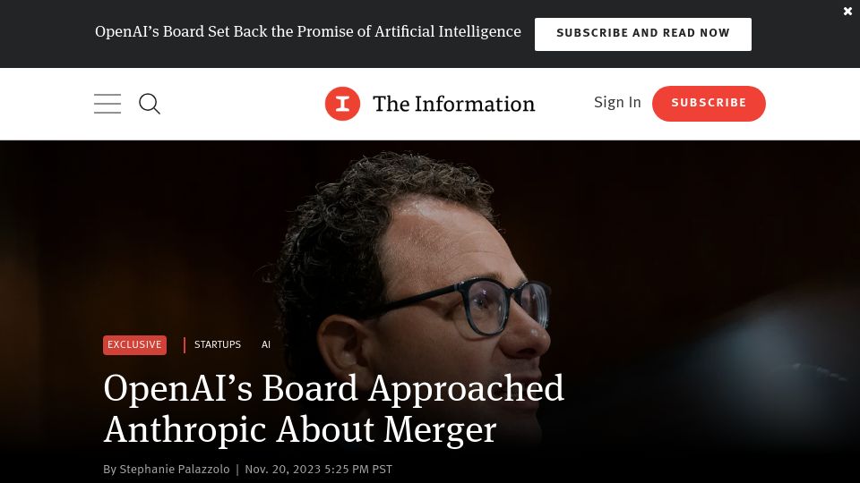 Screenshot of theinformation.com: OpenAI approached Anthropic about merger