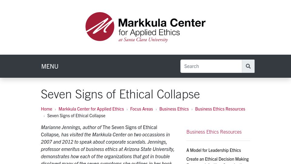 Screenshot of scu.edu: Seven signs of ethical collapse (2012)