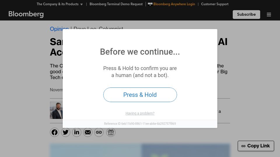 Screenshot of bloomberg.com: Sam Altman Exposes the Charade of AI Accountability