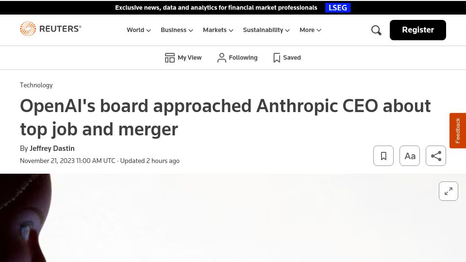 Screenshot of reuters.com: OpenAI's board approached Anthropic CEO about top job and merger