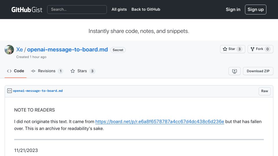 Screenshot of gist.github.com: Letter to OpenAI board from former employees