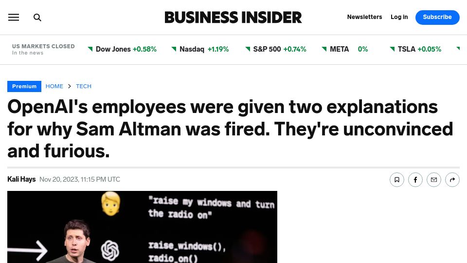 Screenshot of businessinsider.com: OpenAI's employees were given two explanations for why Sam Altman was fired