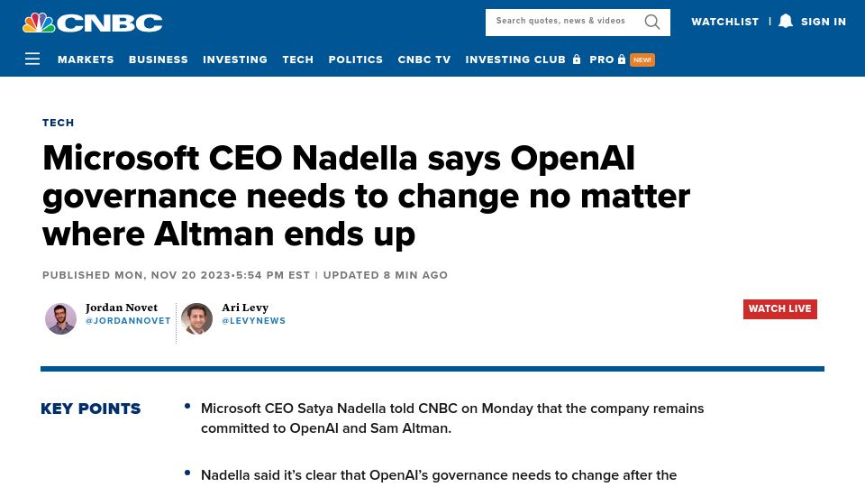 Screenshot of cnbc.com: Satya Nadella says OpenAI governance needs to change