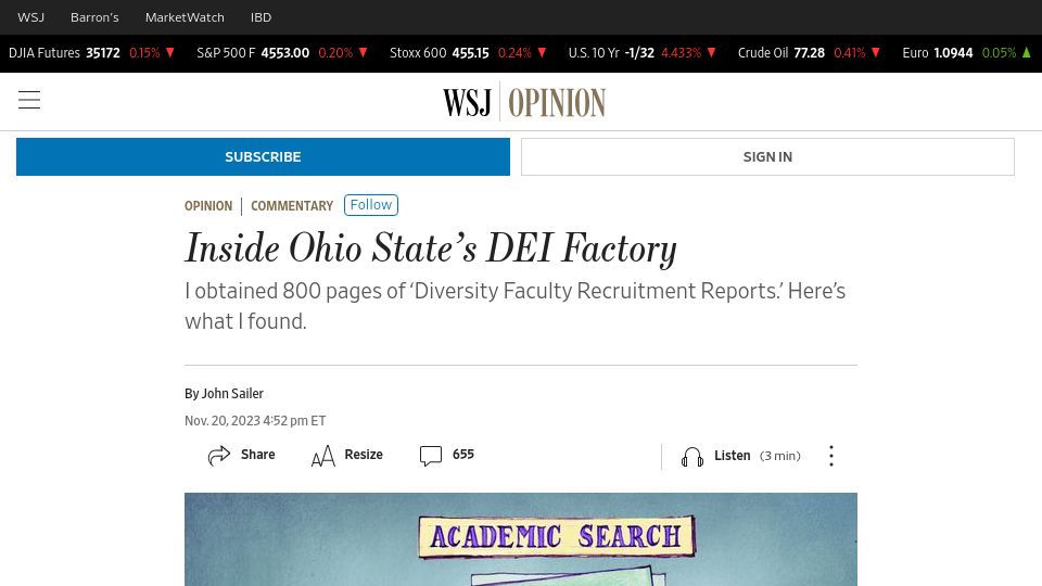 Screenshot of wsj.com: Inside Ohio State’s DEI Factory