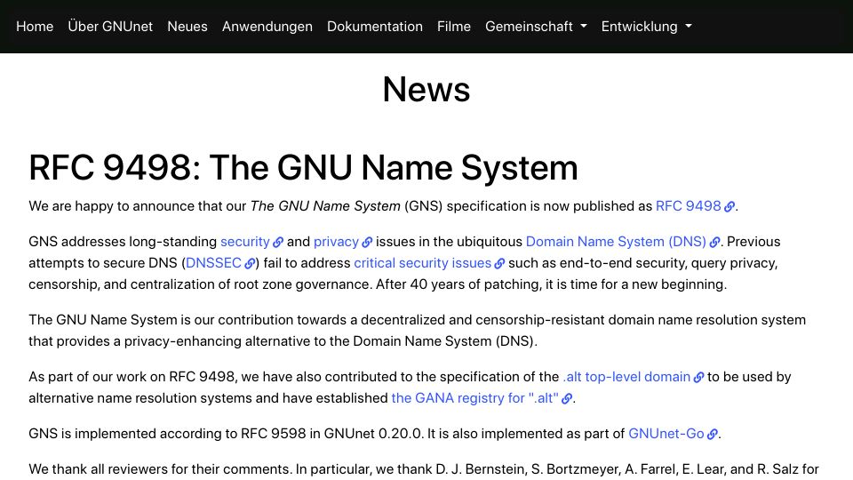 Screenshot of gnunet.org: RFC 9498: The GNU Name System