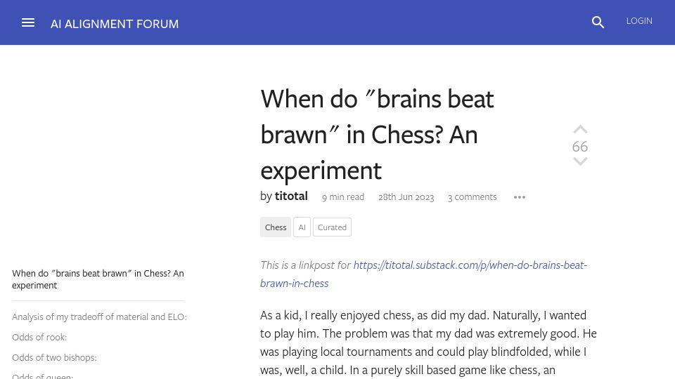 Screenshot of alignmentforum.org: When do "brains beat brawn" in chess? An experiment