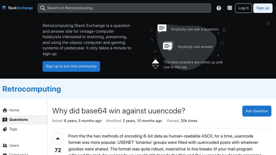 Screenshot of retrocomputing.stackexchange.com: Why did base64 win against uuencode?