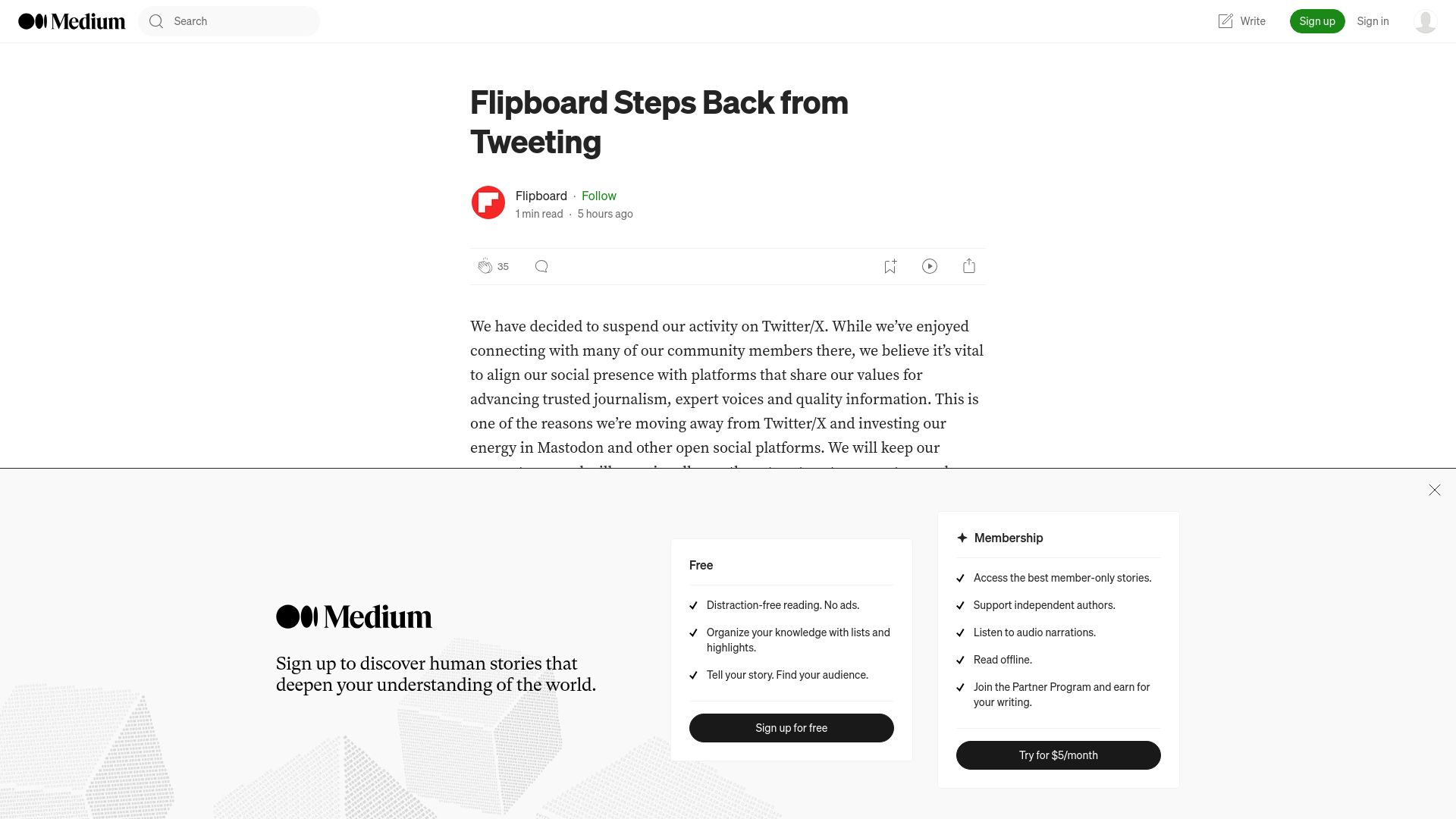 Screenshot of flipboard.medium.com: Flipboard Steps Back from Tweeting