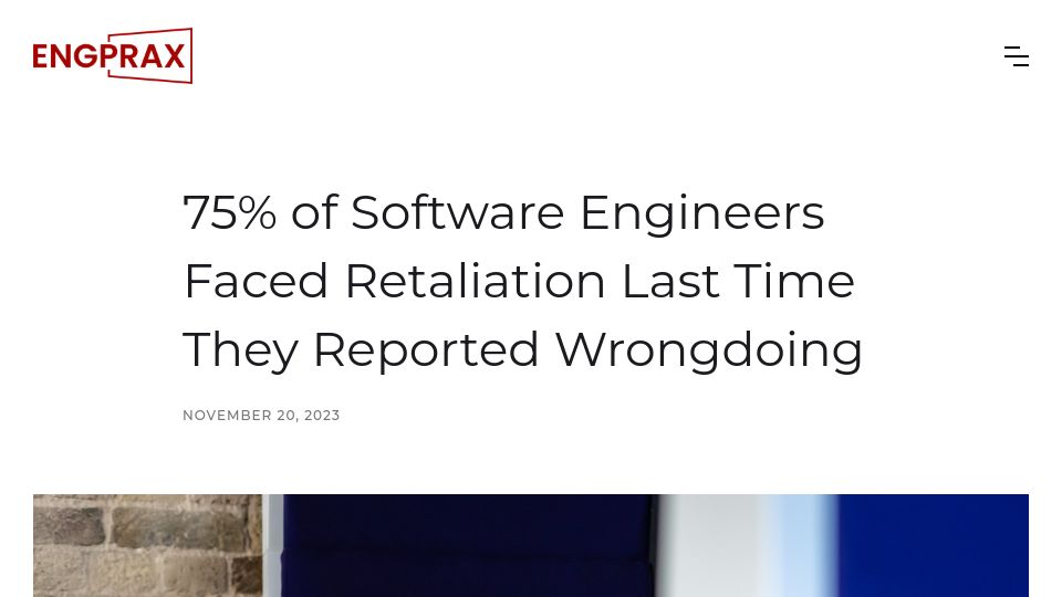Screenshot of engprax.com: 75% of Software Engineers Faced Retaliation Last Time They Reported Wrongdoing