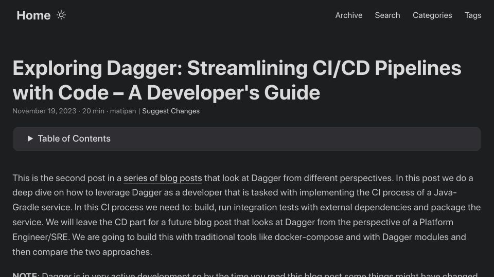 Screenshot of blog.matiaspan.dev: Streamlining CI/CD Pipelines with Code