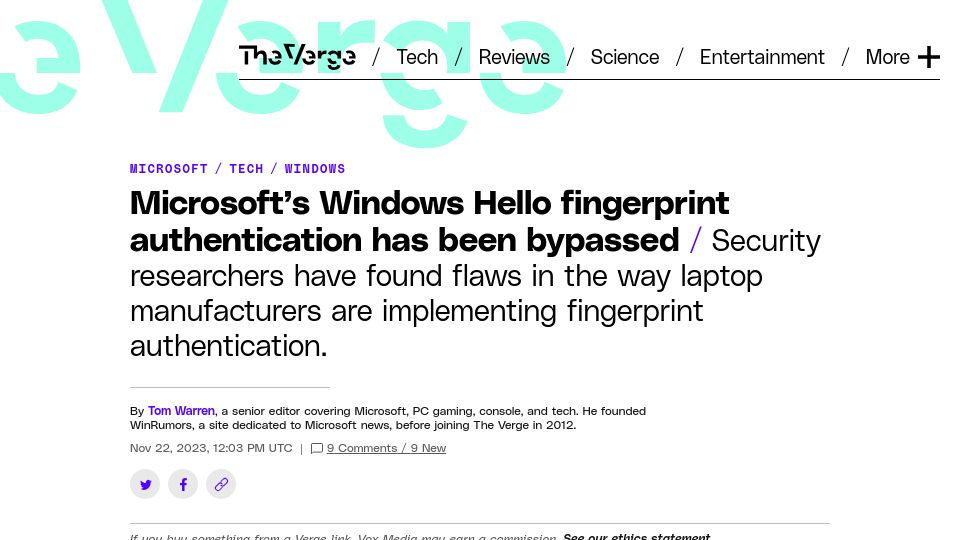 Screenshot of theverge.com: Microsoft's Windows Hello fingerprint authentication has been bypassed