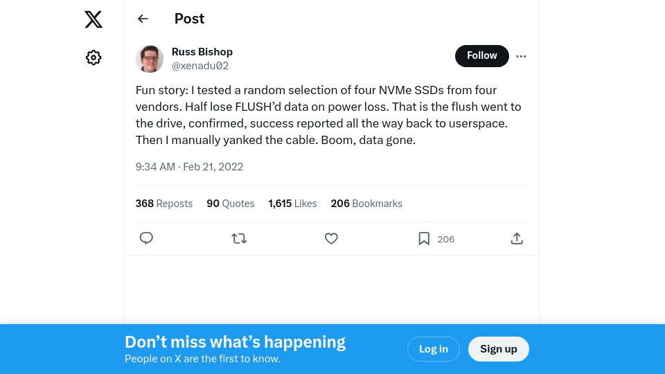 Screenshot of twitter.com: I tested four NVMe SSDs from four vendors – half lose FLUSH'd data on power loss