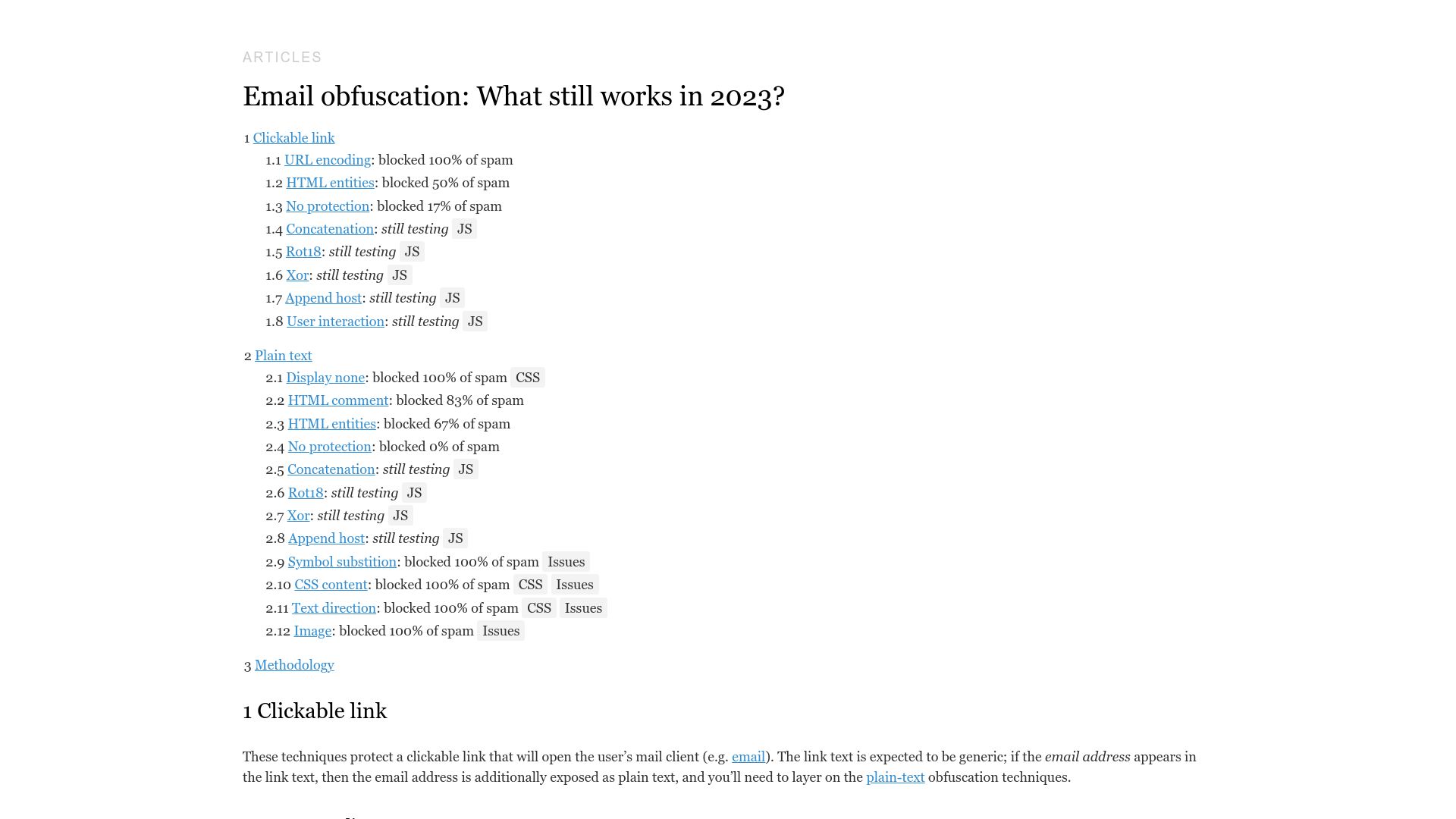 Screenshot of spencermortensen.com: Email obfuscation: What still works in 2023?