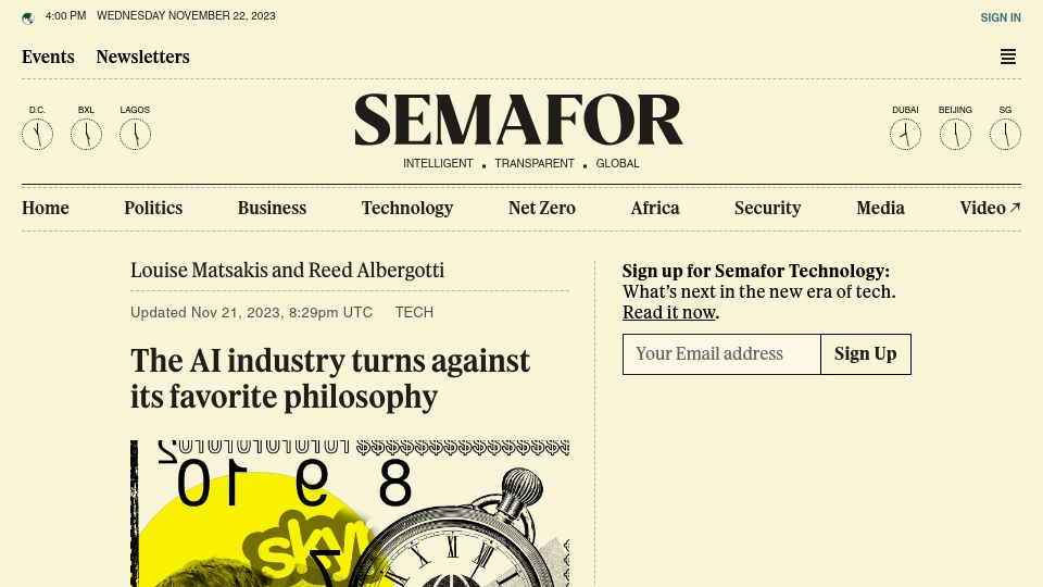 Screenshot of semafor.com: The AI industry turns against its favorite philosophy