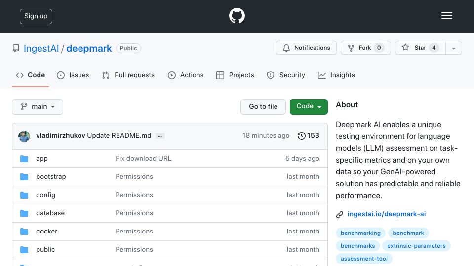 Screenshot of github.com: Show HN: Deepmark AI- LLM assessment tool for task-specific metrics on your data