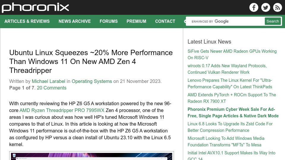 Screenshot of phoronix.com: Ubuntu squeezes more performance than Windows 11 on new AMD Zen 4 Threadripper