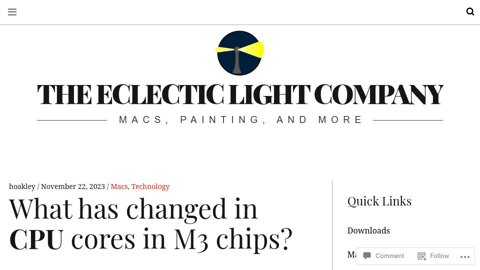 Screenshot of eclecticlight.co: What has changed in CPU cores in M3 chips?