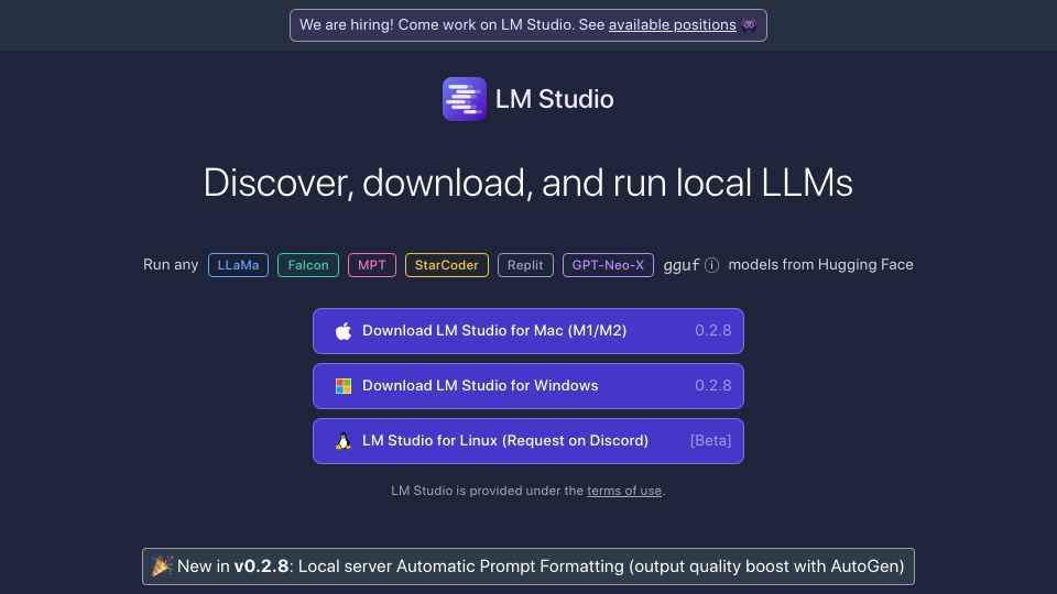 Screenshot of lmstudio.ai: LM Studio – Discover, download, and run local LLMs