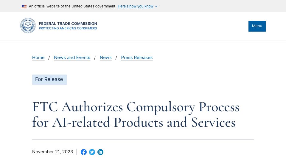 Screenshot of ftc.gov: FTC authorizes compulsory process for AI-related products and services