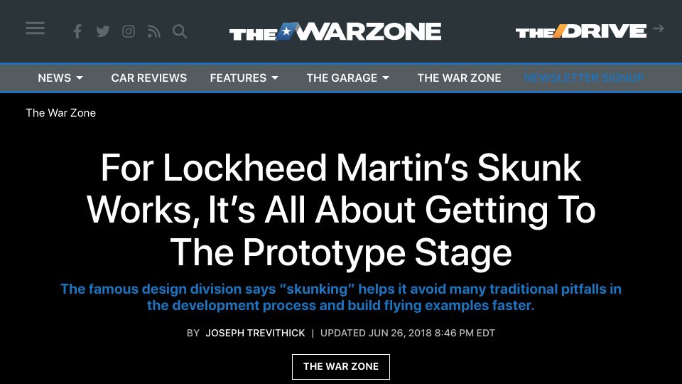 Screenshot of thedrive.com: Skunk Works is all about getting to the prototype stage (2018)