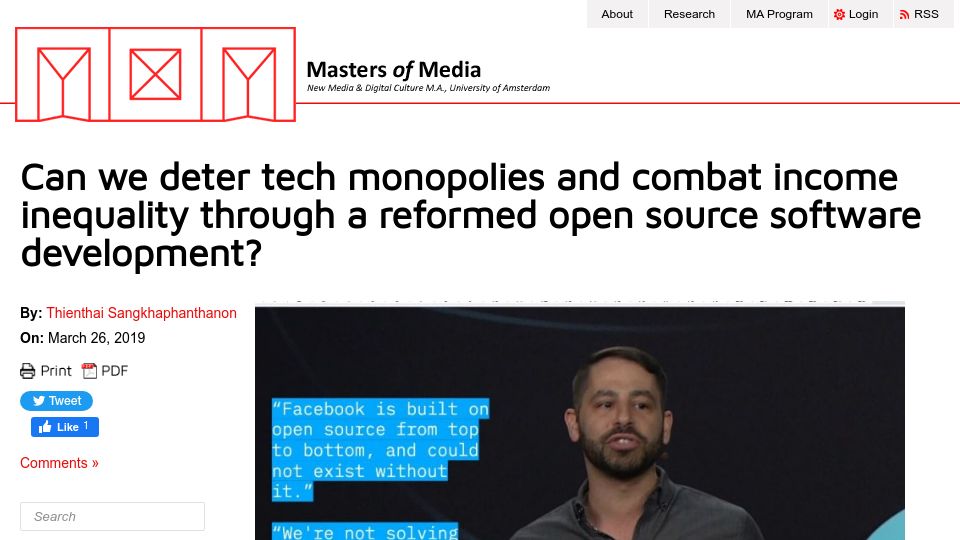 Screenshot of mastersofmedia.hum.uva.nl: Can we deter tech monopolies through reformed open source software development?