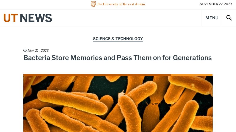 Screenshot of news.utexas.edu: Bacteria store memories and pass them on for generations