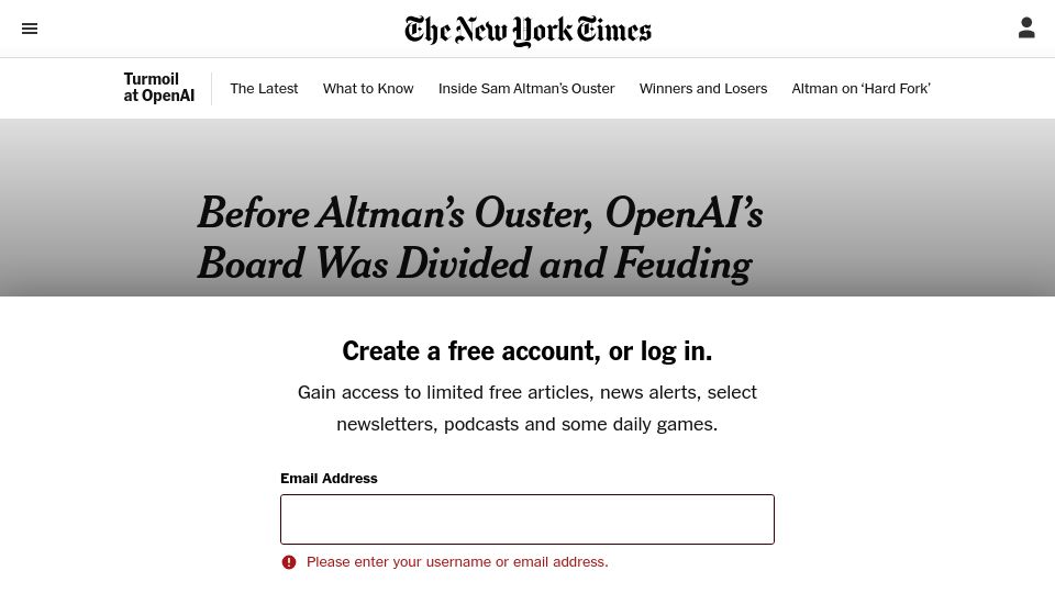 Screenshot of nytimes.com: Before Altman’s ouster, OpenAI’s board was divided and feuding
