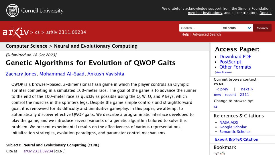 Screenshot of arxiv.org: Genetic Algorithms for Evolution of QWOP Gaits