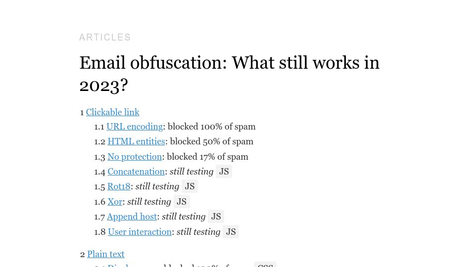 Screenshot of spencermortensen.com: Email obfuscation: What still works in 2023?