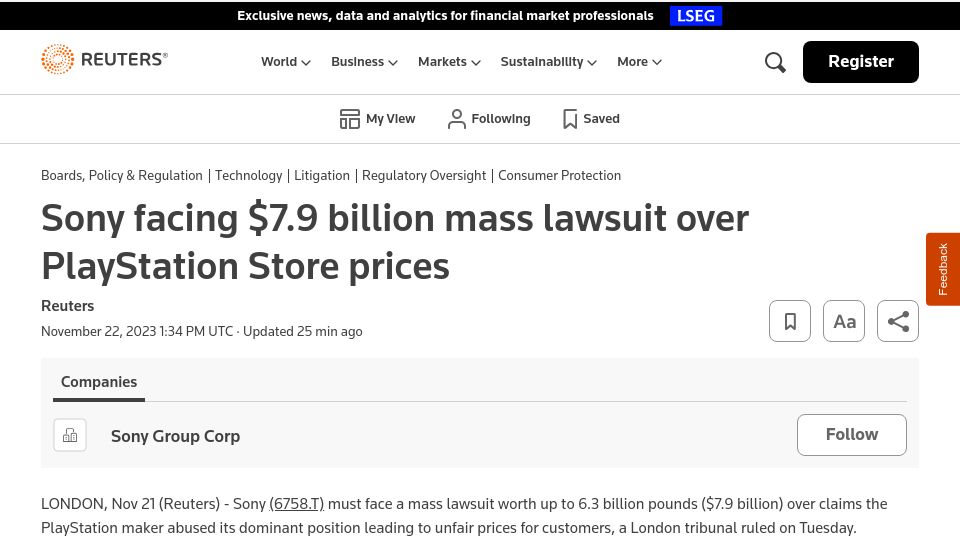 Screenshot of reuters.com: Sony facing $7.9B mass lawsuit over Playstation Store prices