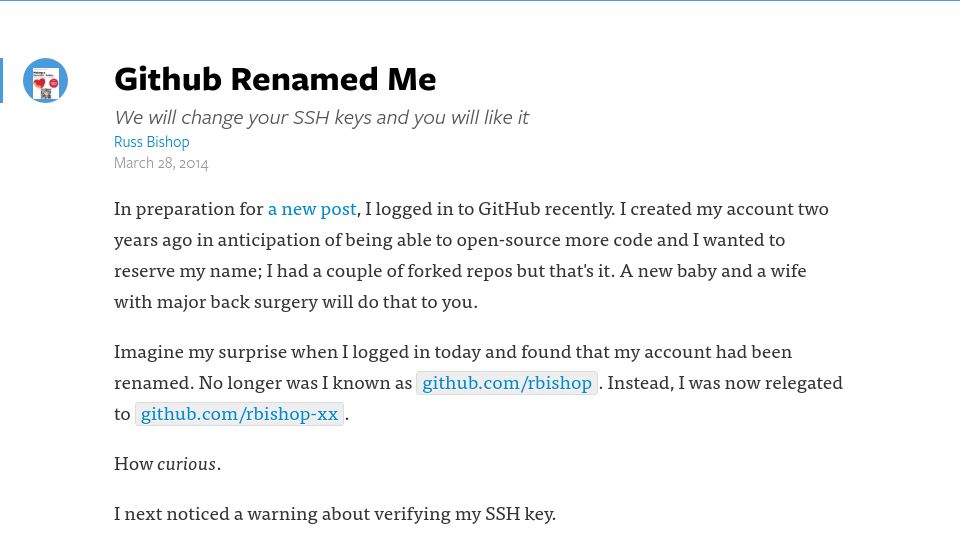 Screenshot of russbishop.net: GitHub Renamed Me (2014)