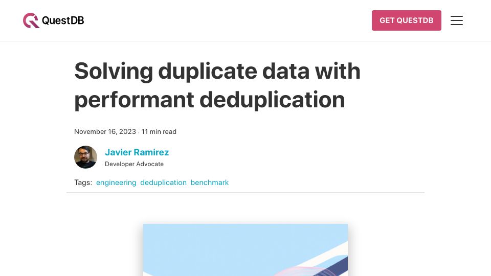 Screenshot of questdb.io: Solving duplicate data with performant deduplication