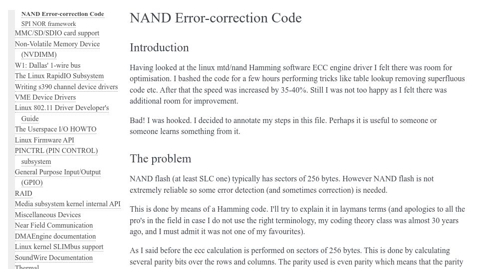 Screenshot of docs.kernel.org: NAND Error-correction Code