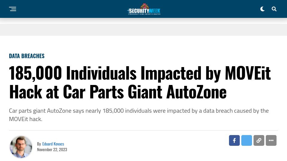 Screenshot of securityweek.com: MOVEit Hack at AutoZone