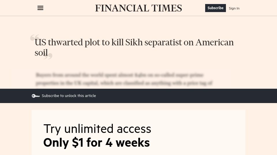 Screenshot of ft.com: US thwarted plot to kill Sikh separatist on American soil