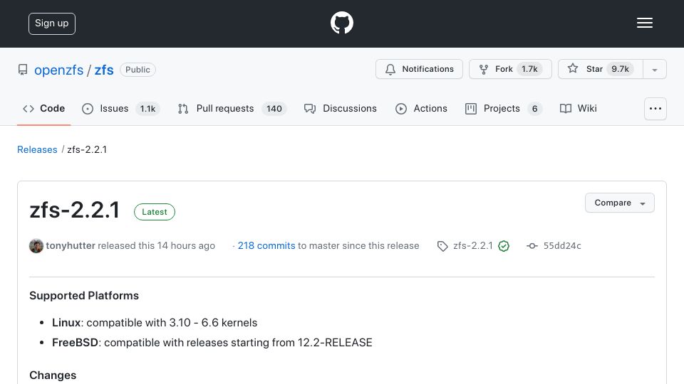 Screenshot of github.com: ZFS 2.2.1: Block Cloning disabled due to data corruption
