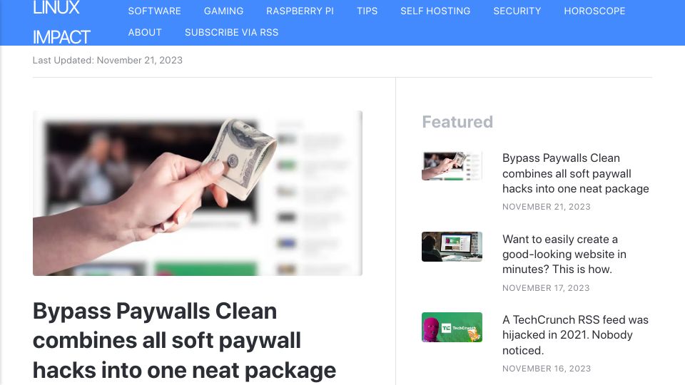 Screenshot of linuximpact.com: Bypass Paywalls Clean combines all soft paywall hacks into one neat package