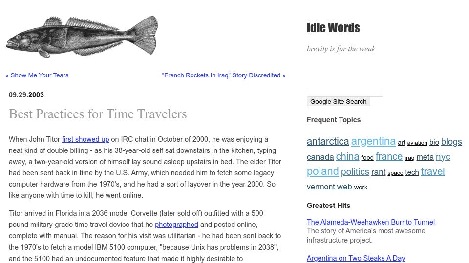 Screenshot of idlewords.com: Best Practices for Time Travelers (2003)