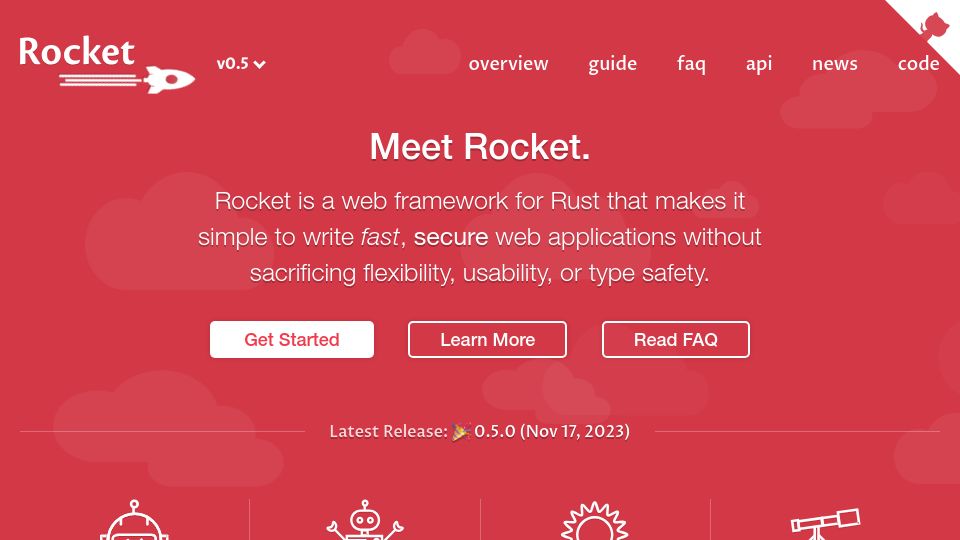 Screenshot of rocket.rs: Rocket – Simple, Fast, Type-Safe Web Framework for Rust