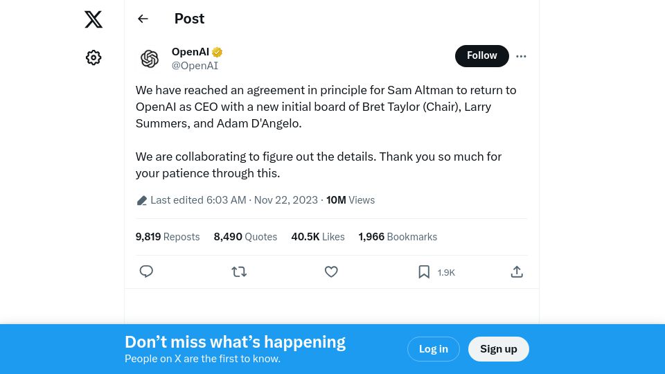 Screenshot of twitter.com: We have reached an agreement in principle for Sam to return to OpenAI as CEO