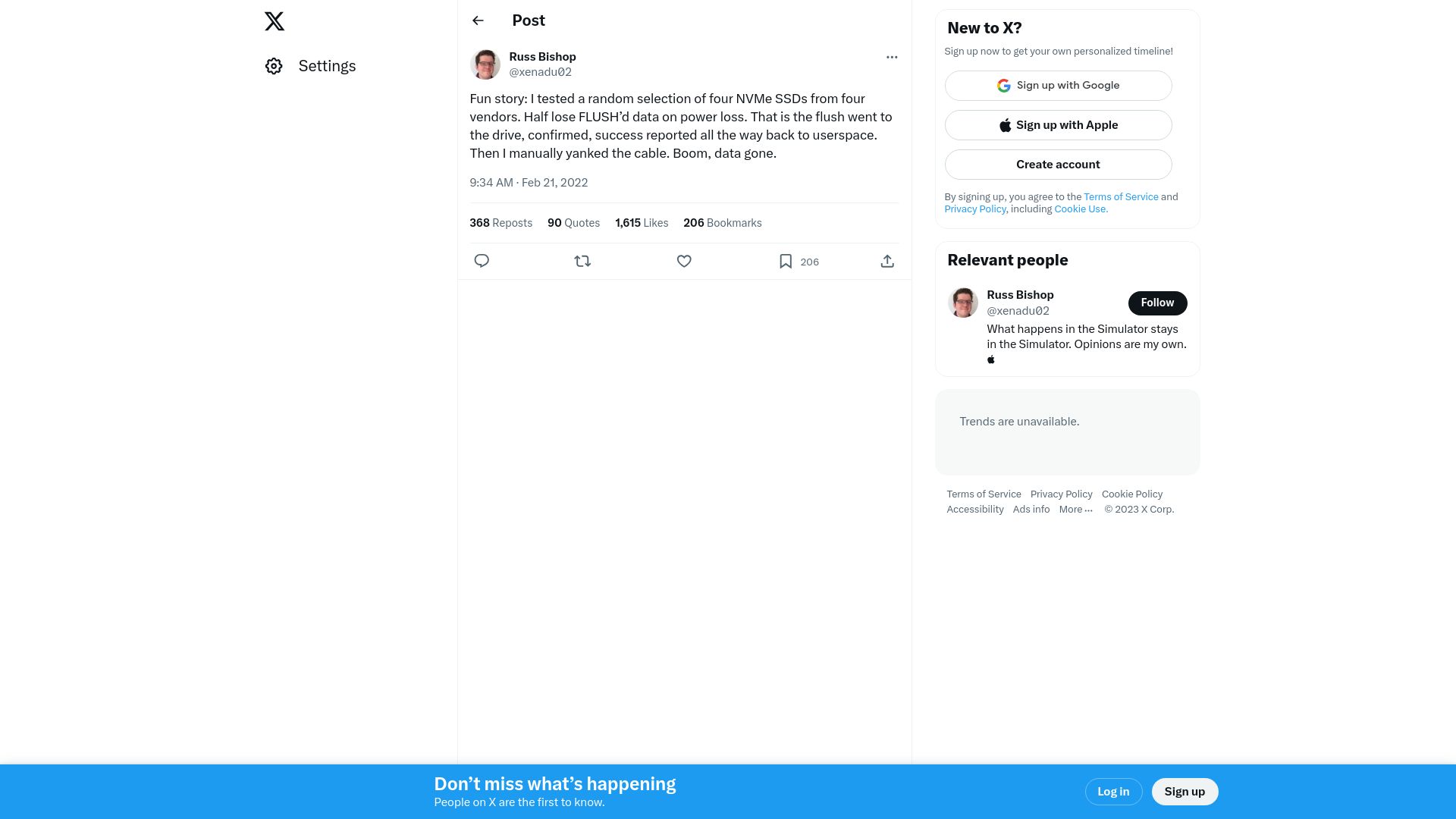 Screenshot of twitter.com: I tested four NVMe SSDs from four vendors – half lose FLUSH'd data on power loss