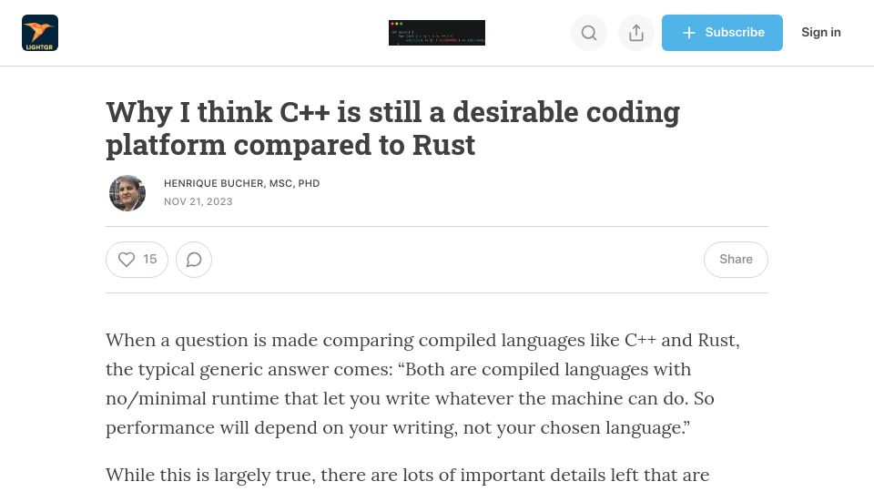 Screenshot of lucisqr.substack.com: I think C++ is still a desirable coding platform compared to Rust
