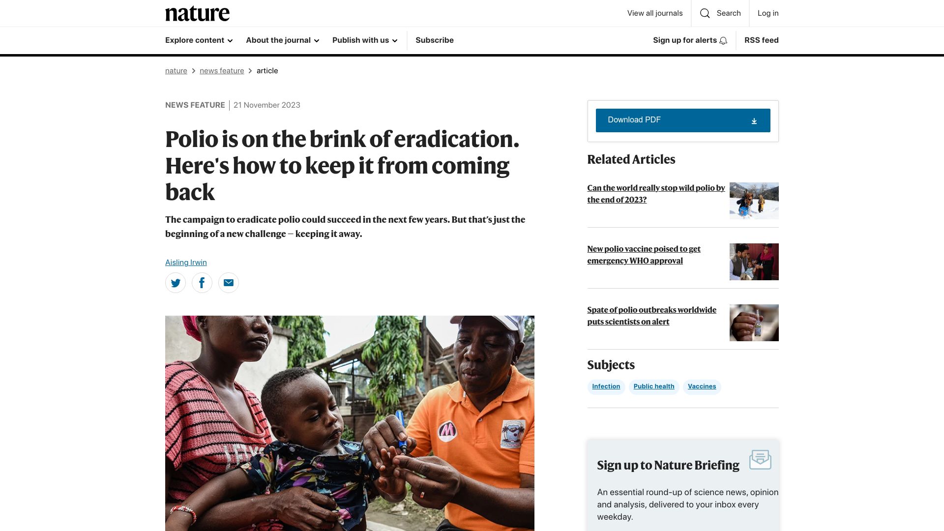 Screenshot of nature.com: Polio is on the brink of eradication