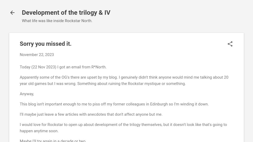 Screenshot of insiderockstarnorth.blogspot.com: Sorry You Missed It – Inside Rockstar North Blog Shut Down