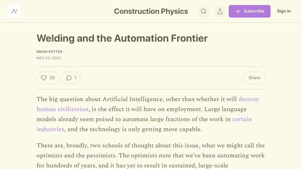 Screenshot of construction-physics.com: Welding and the automation frontier