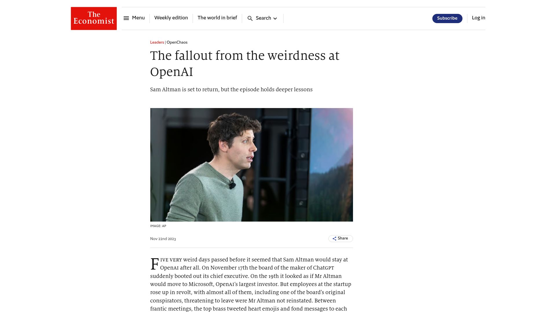 Screenshot of economist.com: The Fallout from the Weirdness at OpenAI