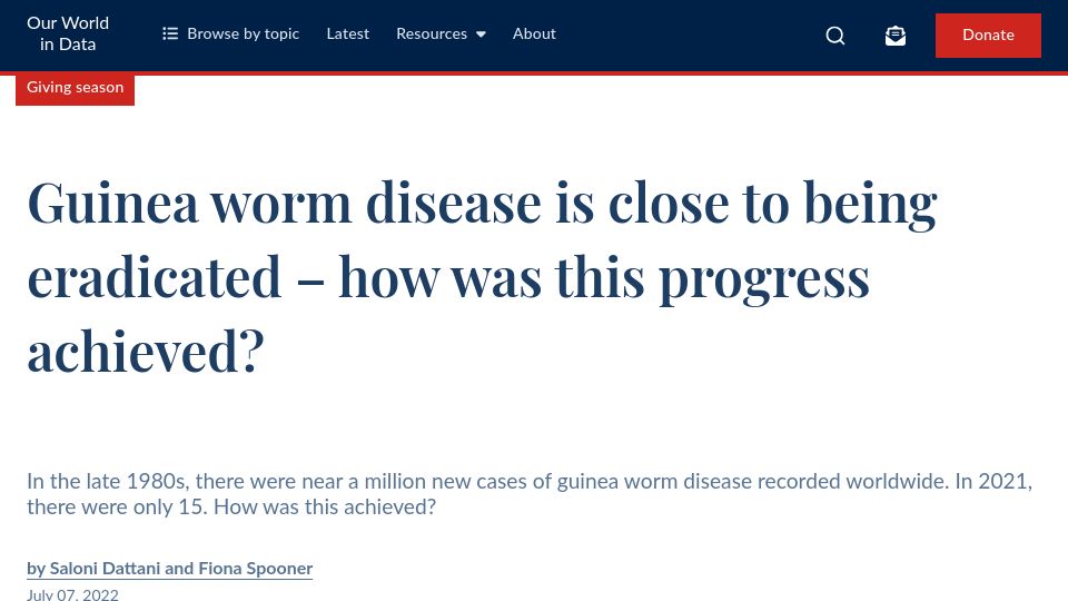 Screenshot of ourworldindata.org: Guinea worm disease is close to being eradicated