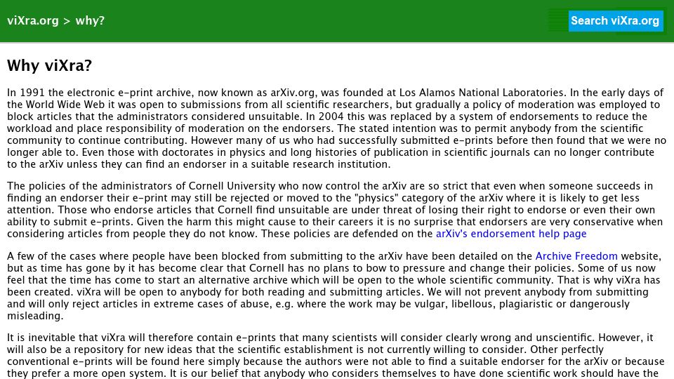 Screenshot of vixra.org: Why viXra?